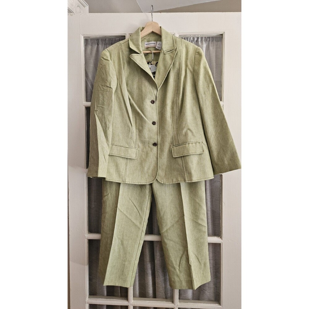 Alfred Dunner Womens 18W Green Linen Look Blazer Pants Suit Set Floral Lining